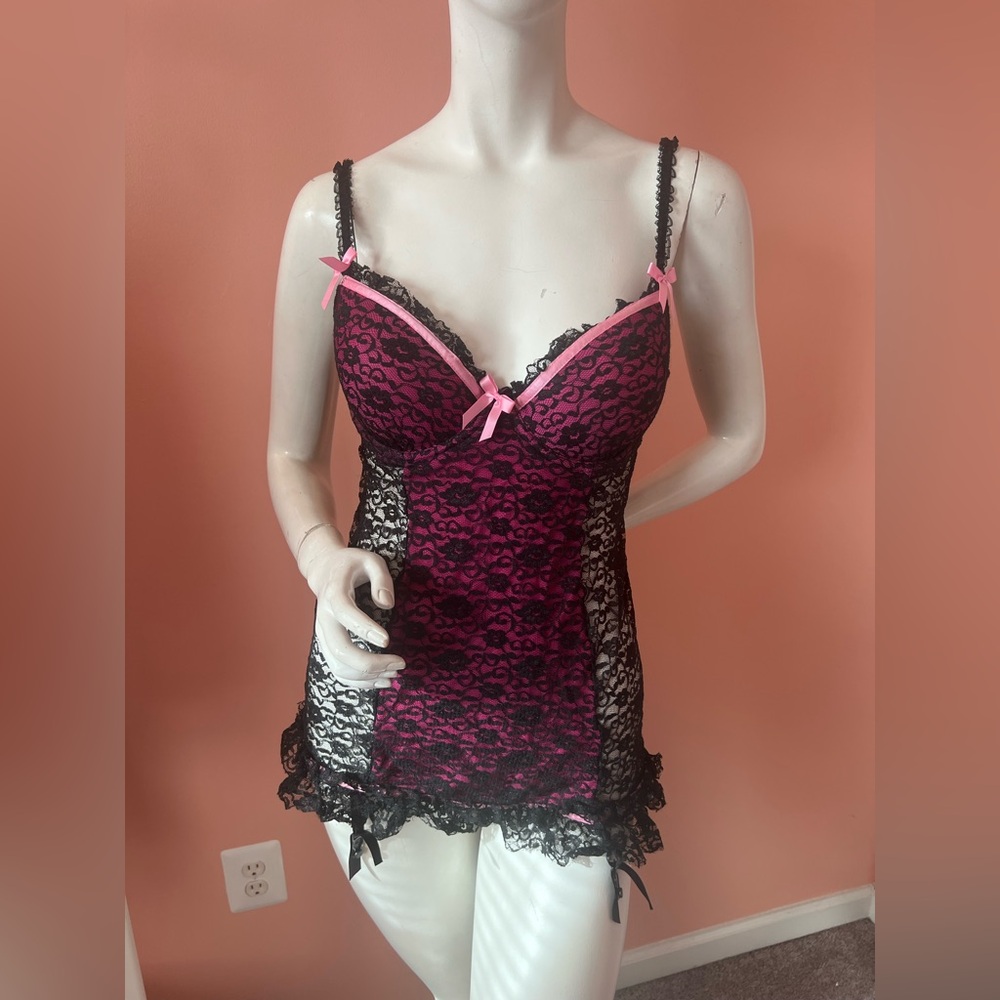 Victorias Secret Pink and Black Lace Babydoll